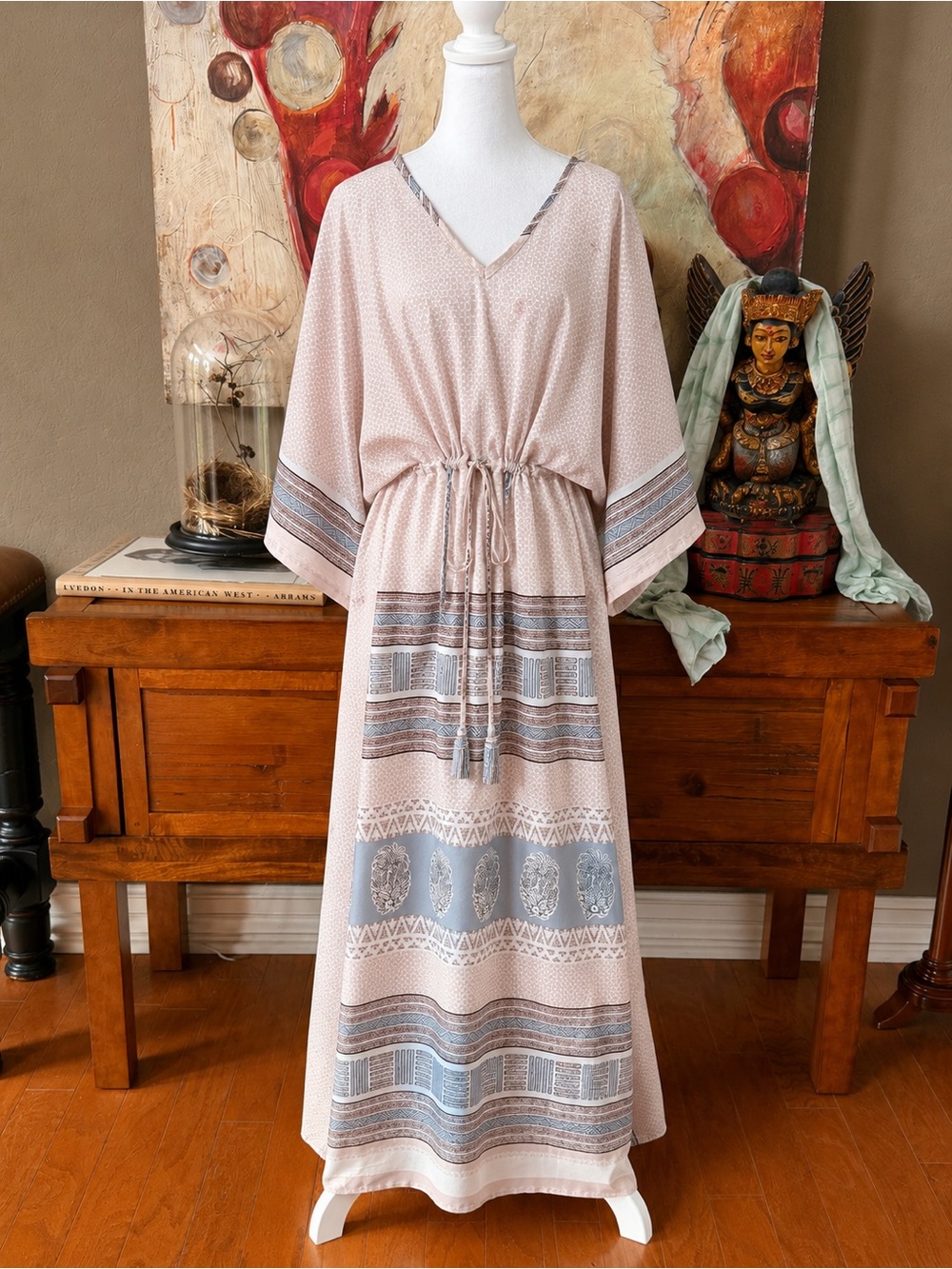 Bohemian V-Neck Drawstring Maxi Dress in Blush